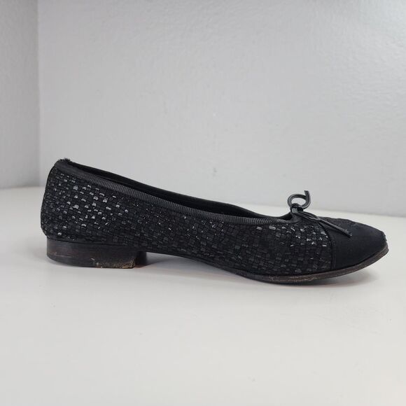 Chanel Glitter Tweed Ballet Flats Black Grosgrain Cap Toe Bow 37 Made in Italy - Picture 10 of 16